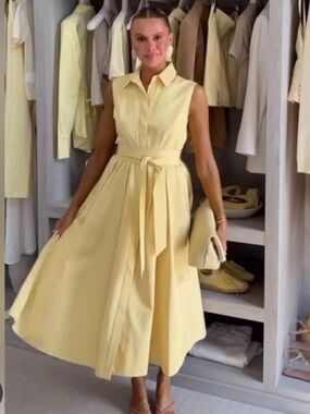 Zara Sleeveless Pale Yellow Shirt Midi Dress with Waist Tie